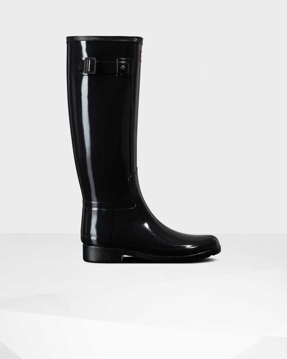 Womens Hunter Refined Slim Fit Tall Gloss Rain Boots Black | AZNUEB-381